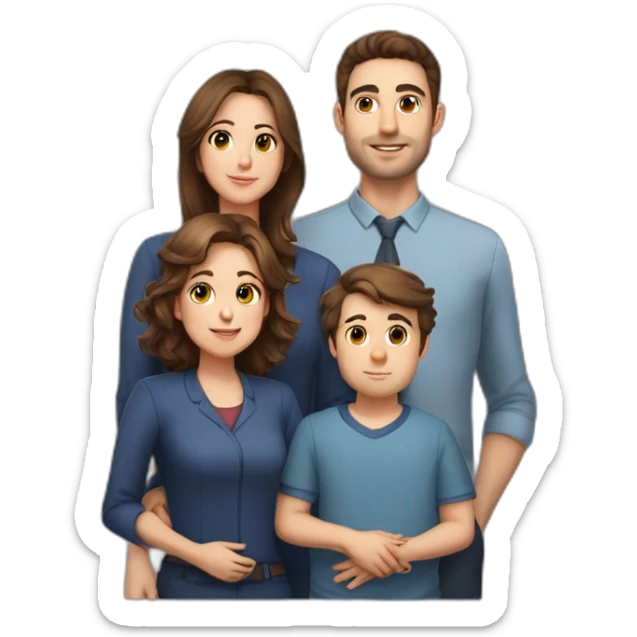 Family photo with father 28 years old 110kg space engineer with brown hair, mother school teacher 27 years old 100kg brown eyes and brown hair, baby boy 15 months brown hair sticker