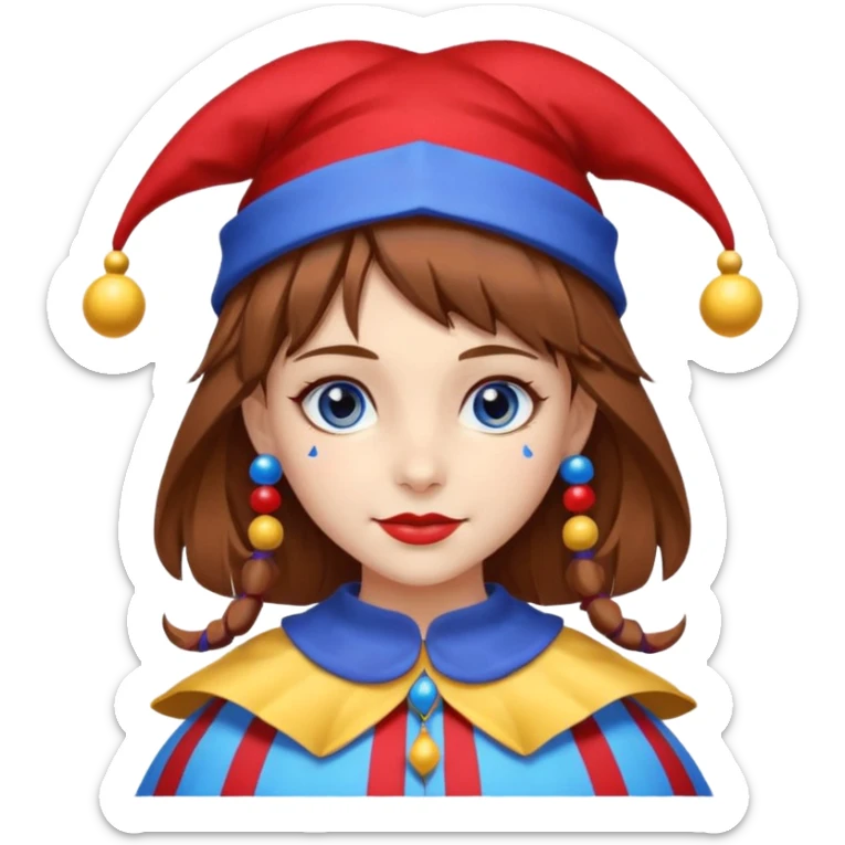 a girl A classic two-armed jester's hat with red and blue stripes, a yellow brim, and small yellow bells on the tips. brown hair blue and red eye's

 sticker