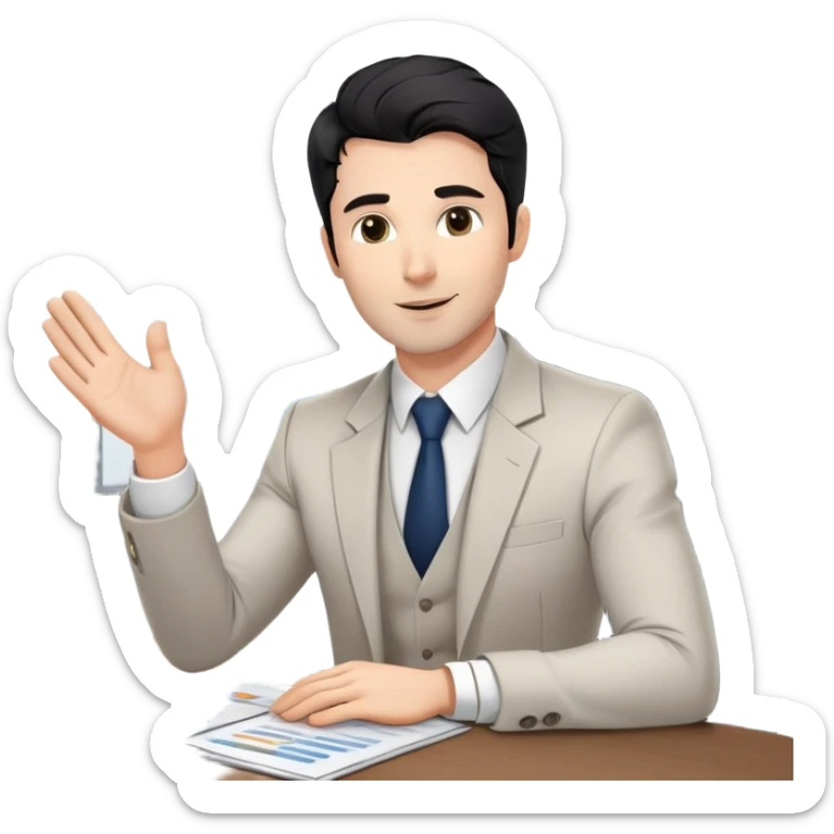 Professional 35-year-old business consultant with black wavy hair, stubble, strong jawline, white skin tone, wearing smart casual business attire, sitting at a table with clients, gesturing confidently while explaining a business strategy sticker