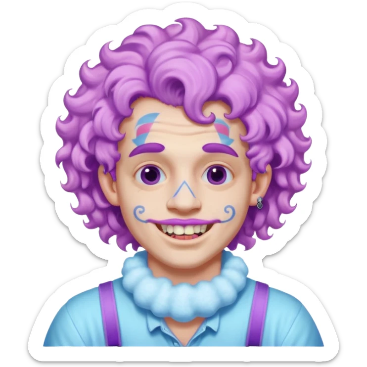 very cheerful colorful puffy violet curly haired man made out of cotton candy wearing teeth-braces and excessive face tattoos just face  sticker