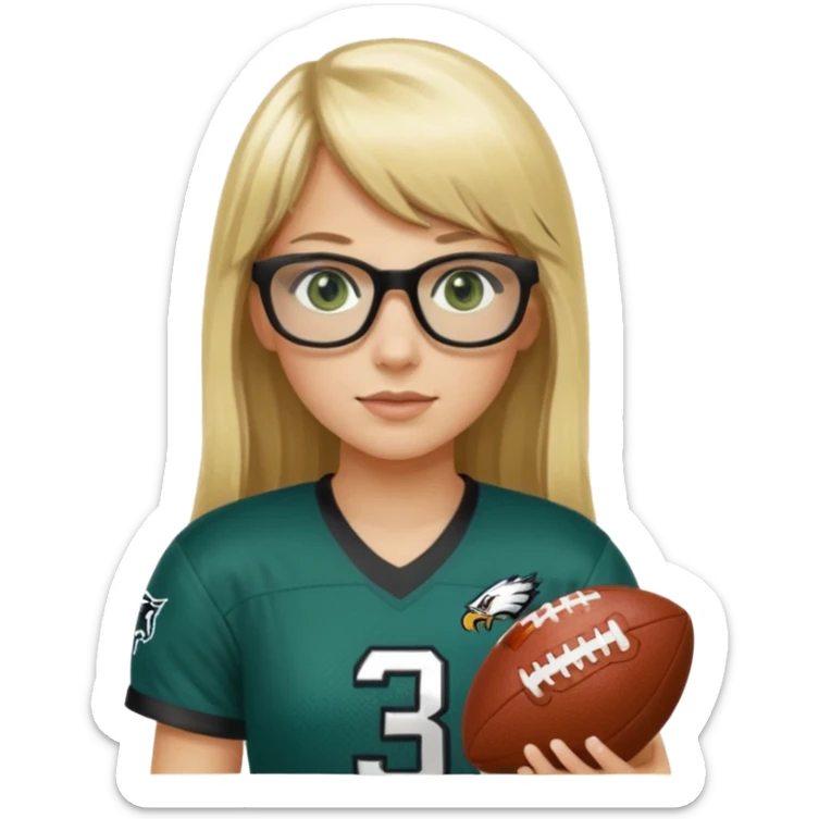 long blonde hair with bangs small black rectangle glasses female green eyes football player wearing eagles jersey number 33 holding football sticker