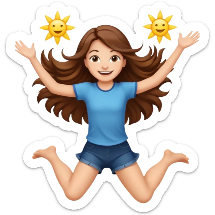 Girl with long brown hair happy jumping in the air with sunbeams in the background  sticker