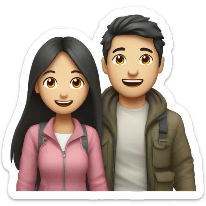 Cute Asian couple (girl with wavy long hair guy with short straight hair) excitedly traveling  sticker