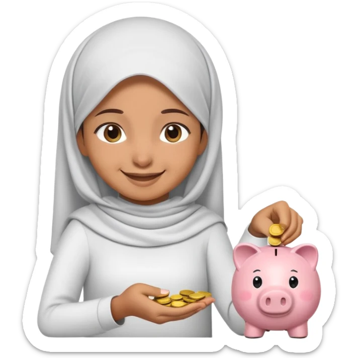 smiling Muslim girl carefully putting coins and bills into piggy bank, emoji style sticker