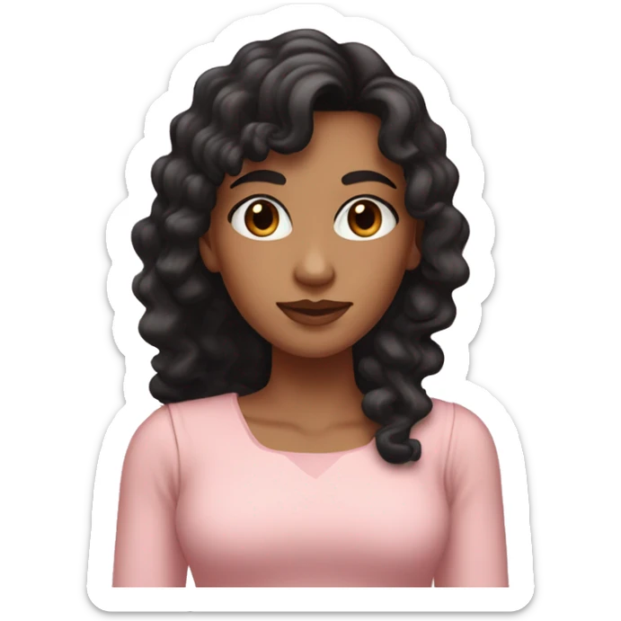 White woman with long black curly hair and bangs and dark brown eyes, wearing a pastel pink dress sticker