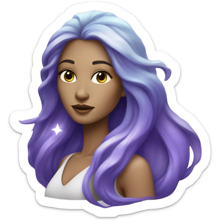 white woman with mystical sparkling galaxy hair with moon and stars in purple and blue shades sticker