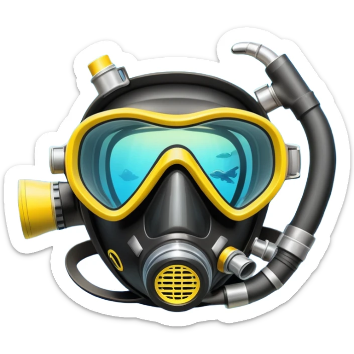 An icon featuring a close-up of a scuba diving mask, fins, and oxygen tank, with vibrant coral reefs and fish in the background. The design emphasizes the equipment and underwater beauty, symbolizing the thrill of exploring the deep sea. Transparent background highlights the serenity of the ocean. sticker