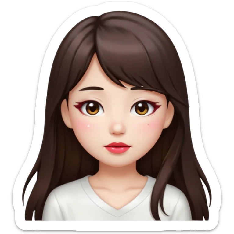 “japanese style Emoji brunette girl long hair with side bangs white top, dewy skin, heavy blush across cheeks and nose bridge, glossy cherry lips, soft eyeliner, teary sparkling eyes sticker