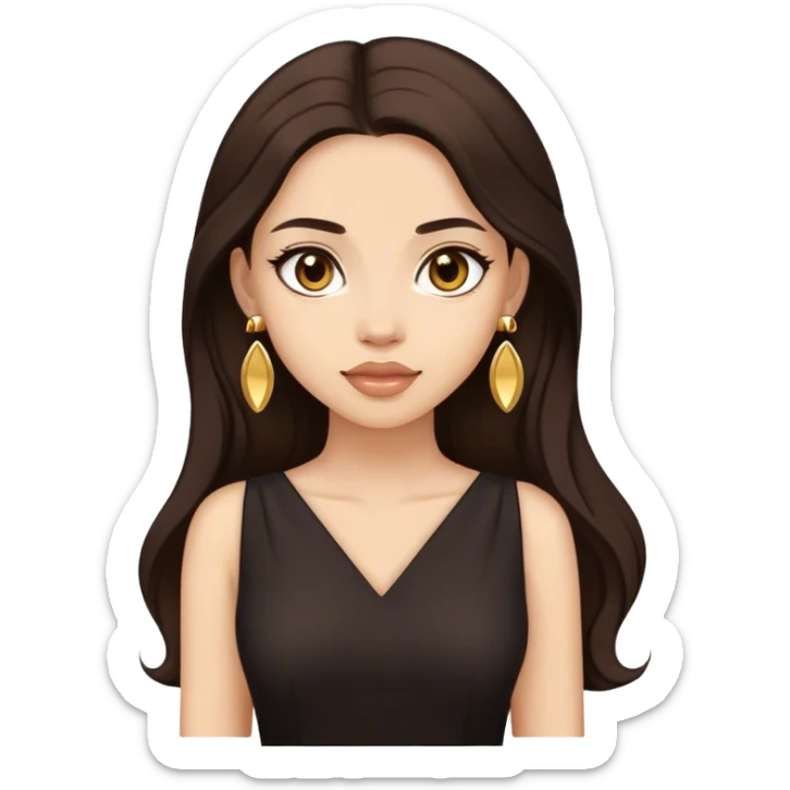 Beautiful woman,cute, long dark brown hair in dark dress with gold earrings sticker