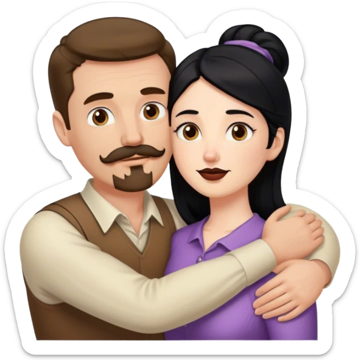 Tall white man with brown mustache goatee AND a short pale woman with long black hair, hugging sticker