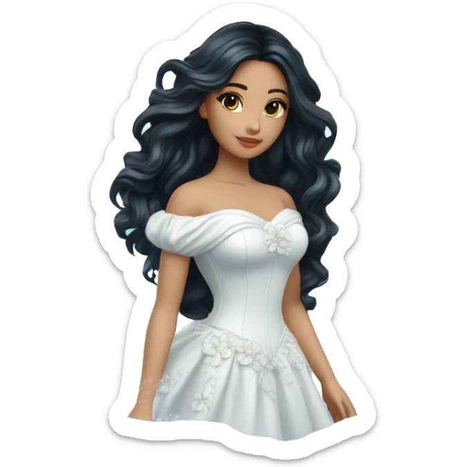 Pretty young Lady doll posing posed pose with long black hair flowers in hair white dress surrounded by flowing water water swirls waves sticker
