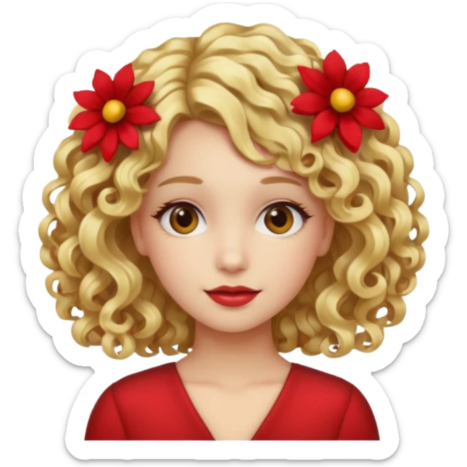 ["Fair skin female, curly blonde hair, red floral hair clip."] sticker