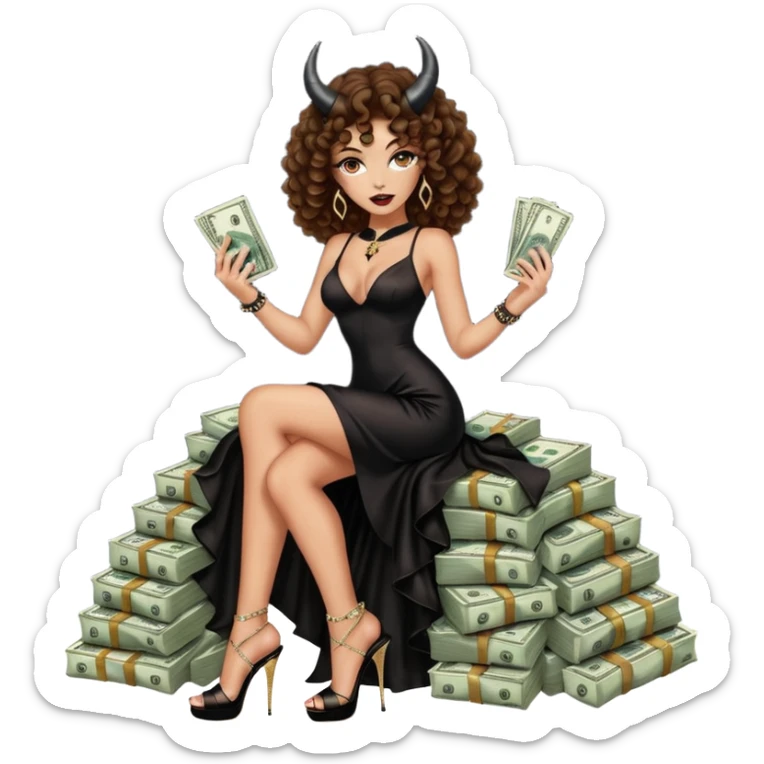 seductress evil brown curly haired sexy drug lord woman with clear glittery platform heels on her feet and devil black long silky sexy cutout dress, wearing black horns on her head, holding a stack of cash, has a phone in  other hand sticker