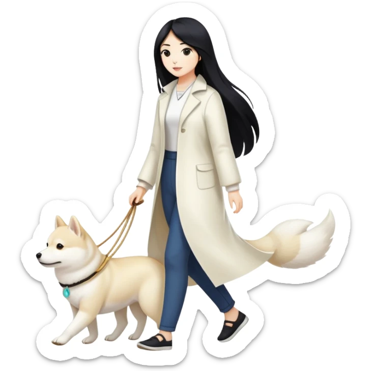 A woman with long black hair walks a white Shiba Inu sticker