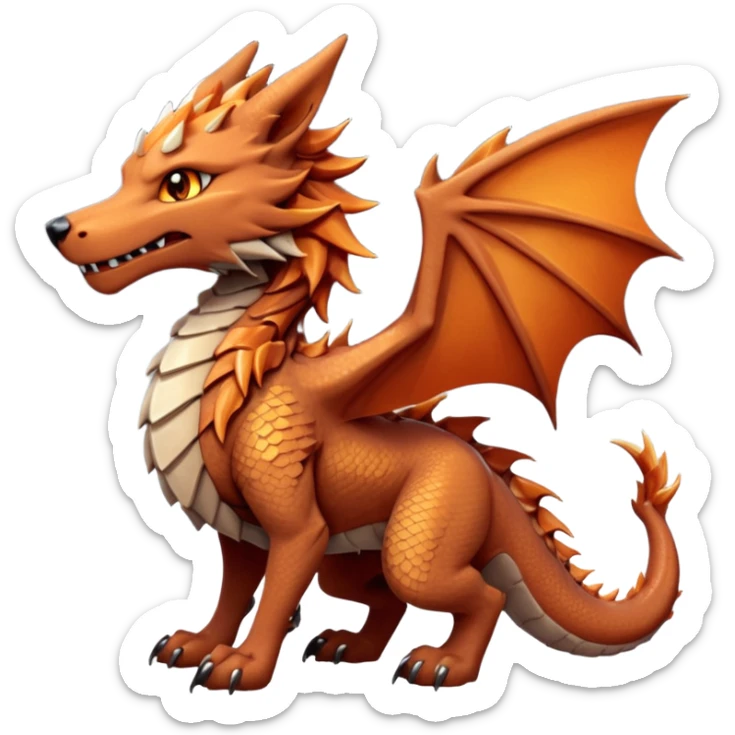Majestic wolf-like dragon with red sandstone scales and layered plates resembling canyon rock formations. Crystallized mineral mane with copper and gold hues runs down its neck and back. Obsidian claws, amber eyes, and a tail of stone spires. Pokémon style. orange-ish brown fur/scales. sticker