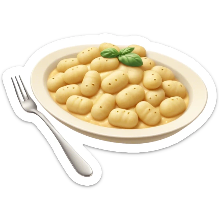Gnocchi Cinematic Realistic Gnocchi Dish Emoji, depicted as tender oblong potato gnocchi garnished with iconic fork marks on top, rendered with soft textures and warm, inviting lighting. sticker