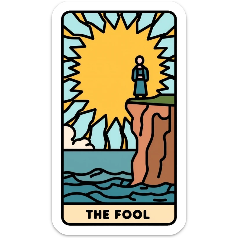 The Fool tarot card with sun in corner and figure near cliff sticker