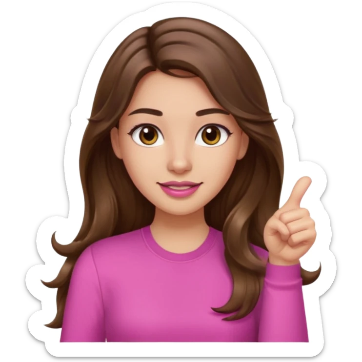 girl with long wavy brown hair, brown eyes, light to medium complexion, in a pink shirt, pink lips, long lashes, thumbs up sticker
