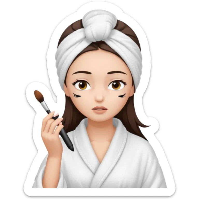 Girl with brown hair in white dressing gown and white towel wrapped in her head doing her makeup. Eyes closed white dark hair and towel wrapped differently doing mascara sticker