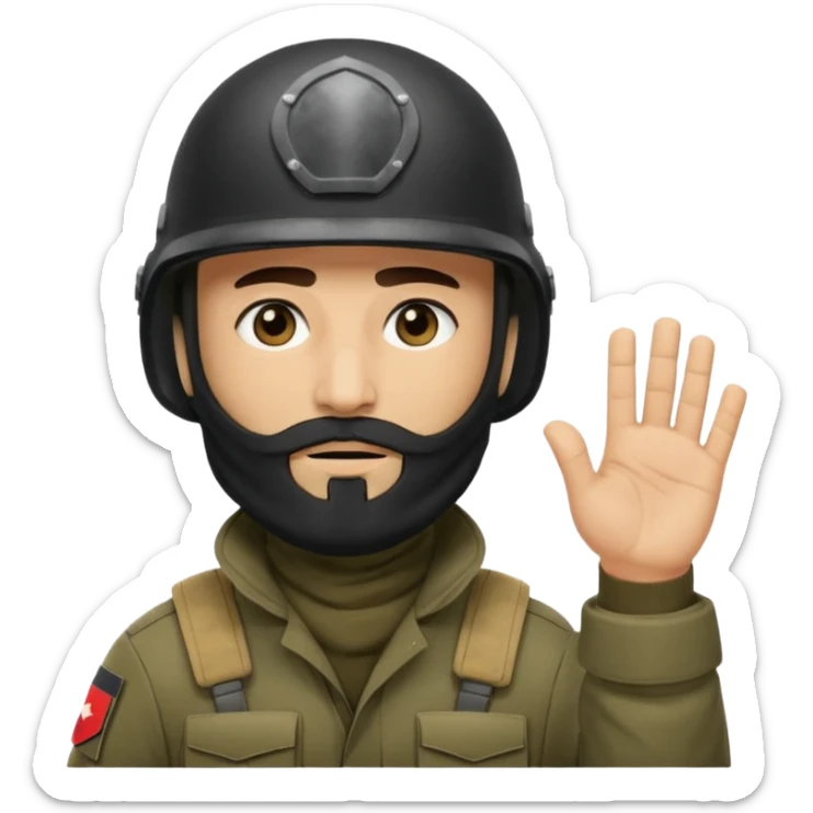 
surrenders, depicts an Iraqi soldier from 1980, with a beard, in a helmet, there are no signs on the helmet, with a balaclava, with sad eyes and raised hands sticker