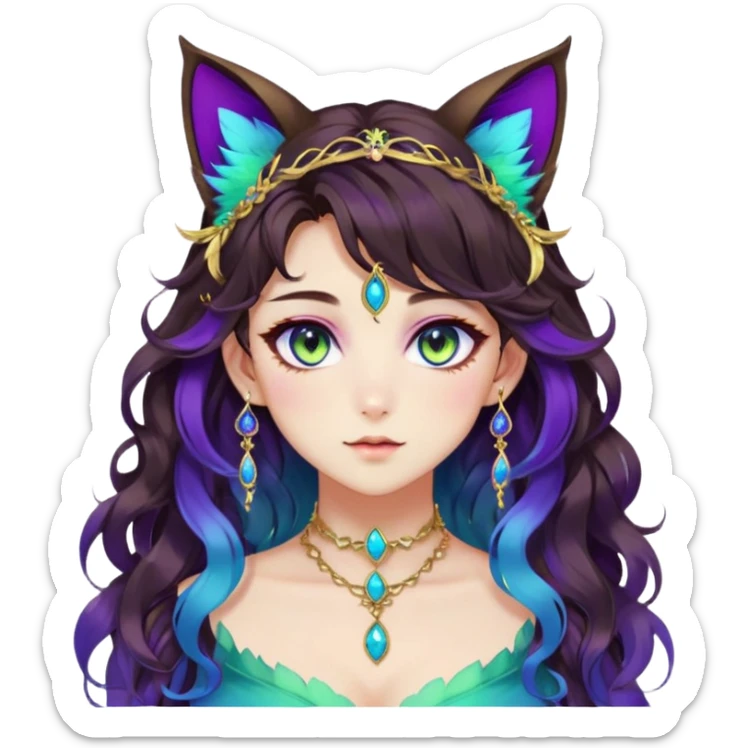 Beautiful gorgeous anime lady with beautiful dark-brown-wavy-special-hair, fashion aesthetic, ethereal, violet feather in hair, accessories, gold jewelries, gold, colorful, feline ears, colorful hazel-green-blue-gradient eyes sticker