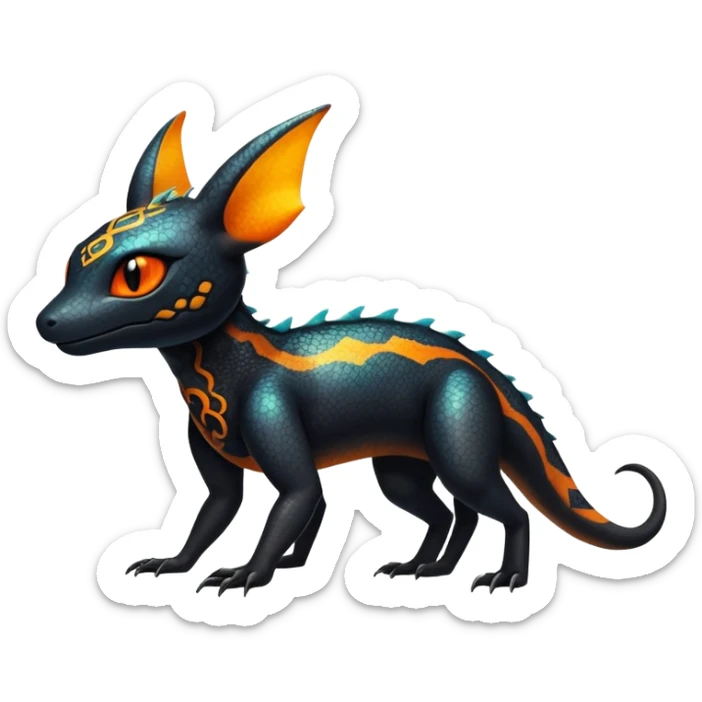 Colorful Iridescent Exotic Black and Orange Salandit-Aurorus-Umbreon-Fakémon-hybrid-creature (full body)  sticker