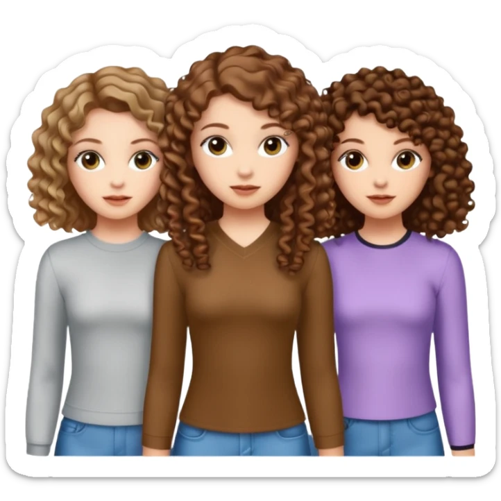 3 white girls, all of off this with brown hair but one whit straight one whit curly and one whit very curly(aesthetic)and chic clothes y2k, this girl have around 14 years, remember one girl does have straight hair  sticker