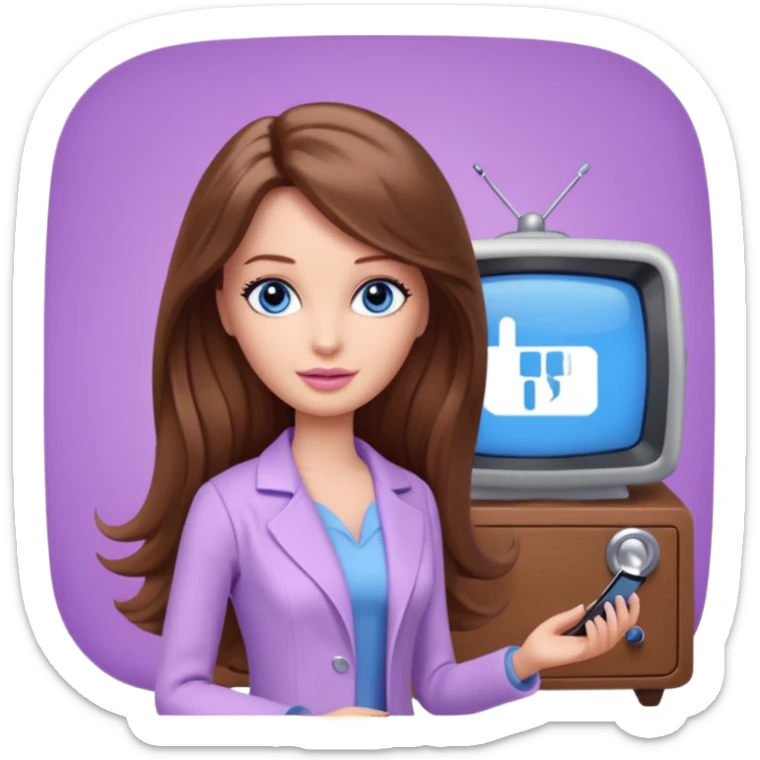 beautiful barbie girl with long brown hair, blue eyes and wearing light purple clothes watching tv show doctor who sticker