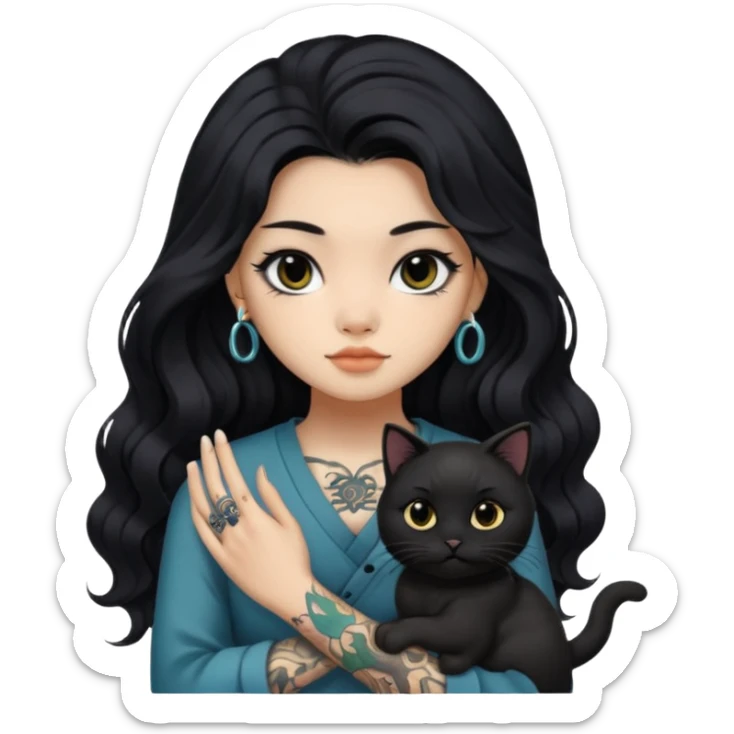 a Chinese girl with long black  Big Wave hair and tattoos and a black round faced cat and black eyes sticker