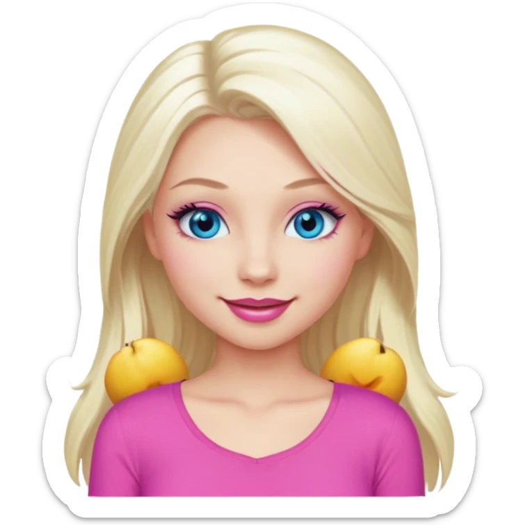 Girl with long platinum blonde hair, blue eyes, long lashes, sexy pink lips, wearing a pink top sticker