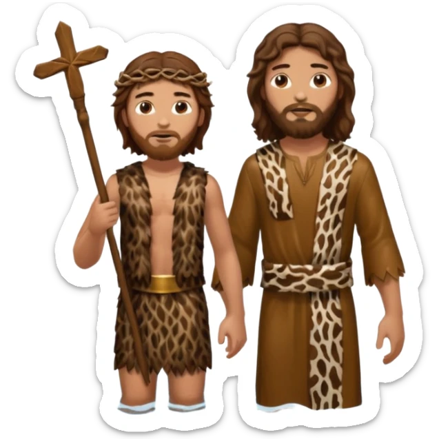 John the Baptist with wavy hair and animal skin outfit, standing in water with Jesus, both wearing clothes sticker