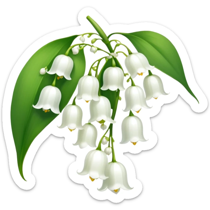 Elegant lily of the valley flower with delicate white bell-shaped blooms hanging from green stem and bright green leaves sticker