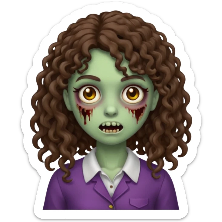 Emoji garota zombie com cabelo castanho escuro cacheado longo com franja cacheada sem volume sticker