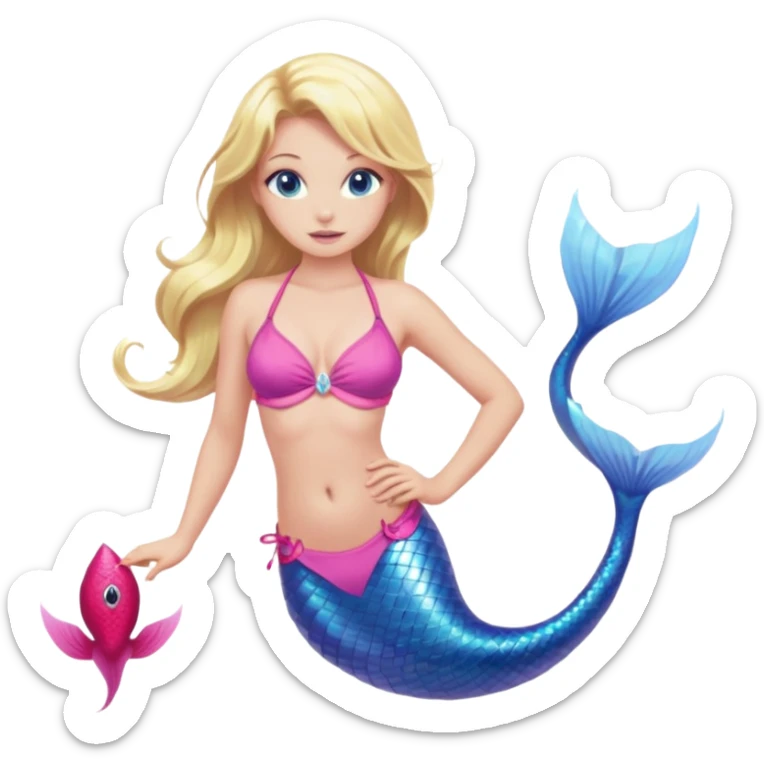 mermaid woman with blonde hair and blue eyes pink bikini top and pink tail sticker