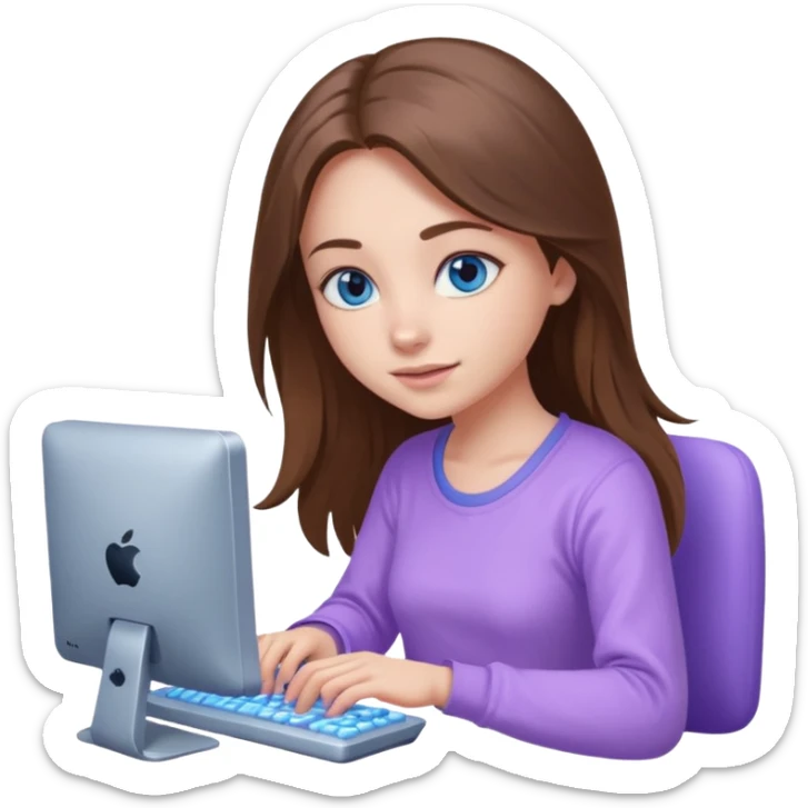beautiful girl with long brown hair, blue eyes and wearing light purple clothes playing computer games sticker