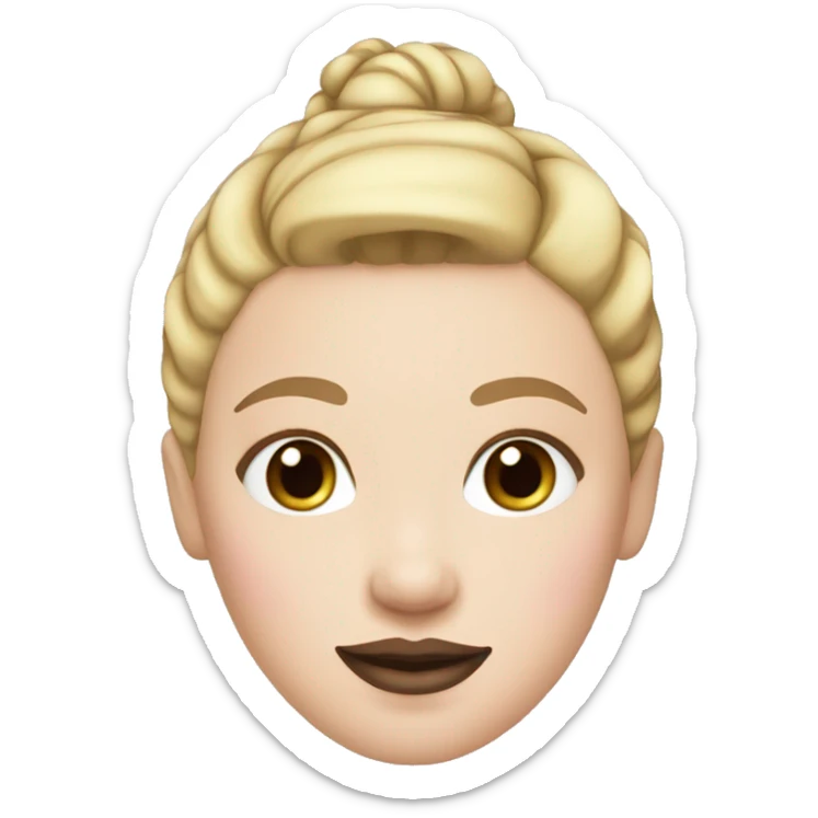 a woman with freckles, blue eyes, light skin, blonde hair with a bun, pink lips. black clothes. sticker