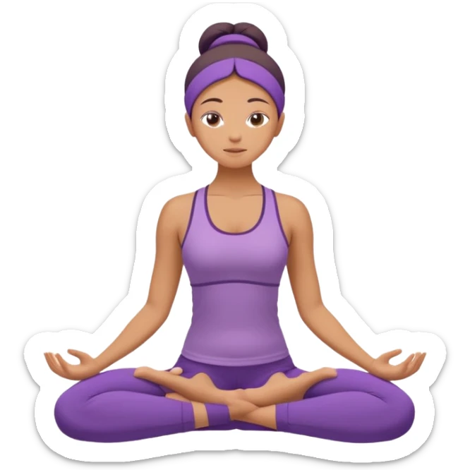 	A woman in purple yoga wear resting in child’s pose, soft white background, peaceful energy. sticker
