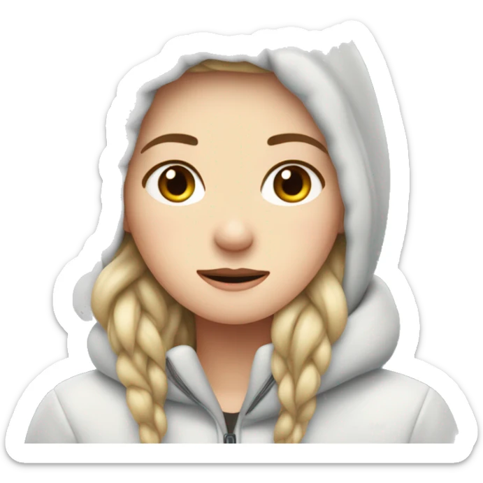 A white girl with squinted eyes freezes in the cold, hugs herself to keep warm sticker