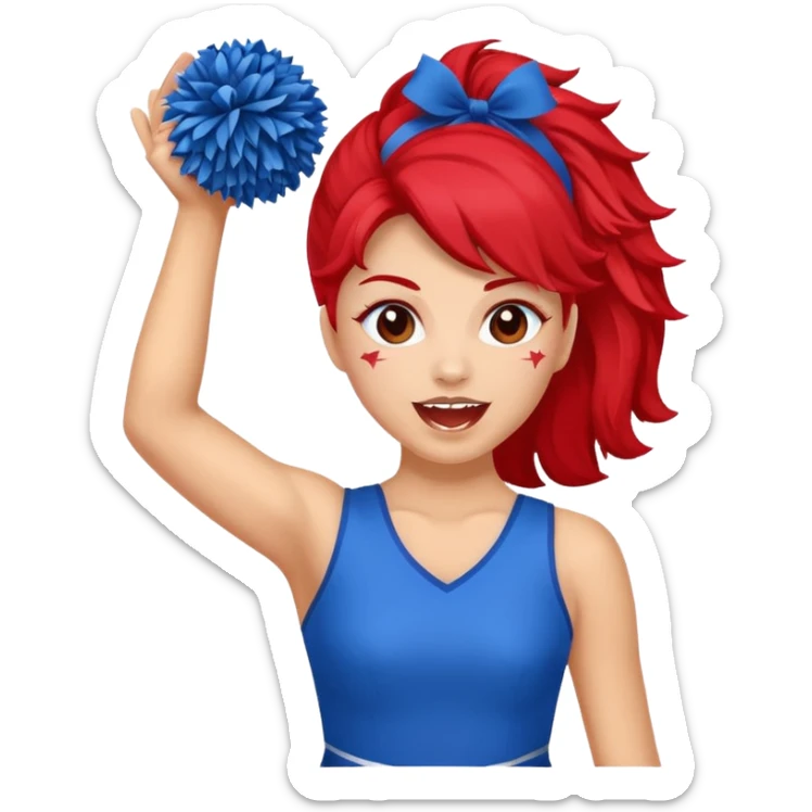 football cheerleader, holding a cheering pom, blue dress and red skin sticker