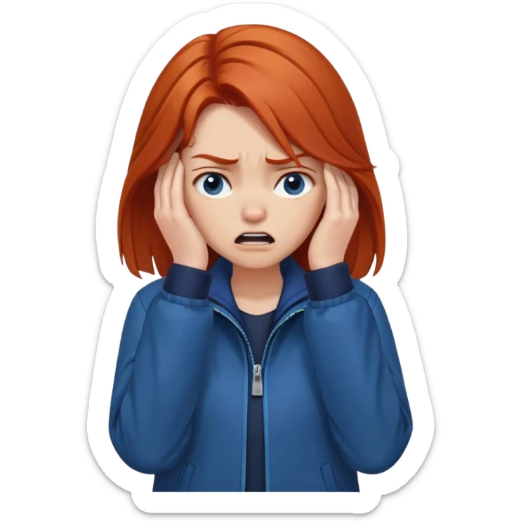 Redhead girl with mid length hair in blue jacket angry facepalm sticker