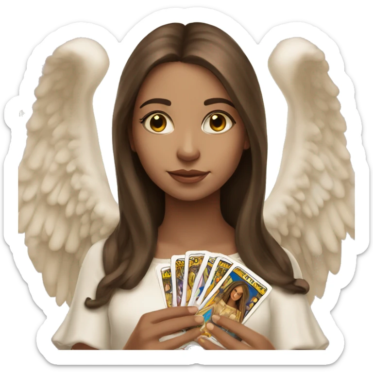 Beautiful angelic girl with straight brown hair with tarot cards sticker
