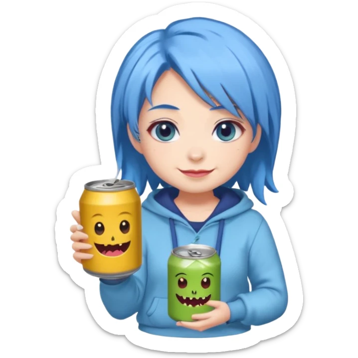Chibi sticker of a woman with powder blue hair with white eyes hold a can of Monster with a smug smile; cozy style sticker