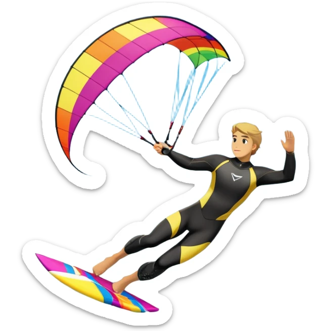 A kite surfer gliding across the water with a colorful kite soaring in the wind. The scene captures the excitement and fluid movement of the sport, with waves splashing around and a clear sky, emphasizing freedom and adventure. sticker