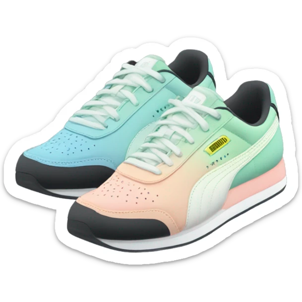 Realistic Isolated pair of pastel blue pastel green peach and black ombre Puma sneakers facing forward.  sticker
