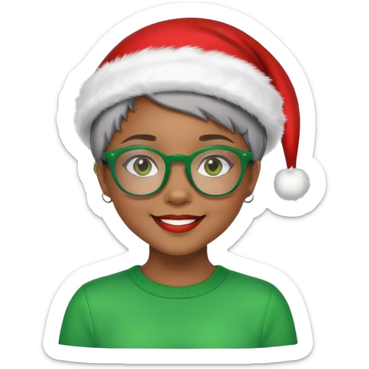 Light skinned Black girl with green glasses short natural gray haircut celebrating Christmas sticker