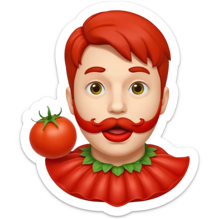 funny theater actor character who ate tomatoes, tomato sauce around mouth, dramatic expression, stage costume collar, 3D cartoon, mobile game icon style, clean background, no text, no watermark
 sticker