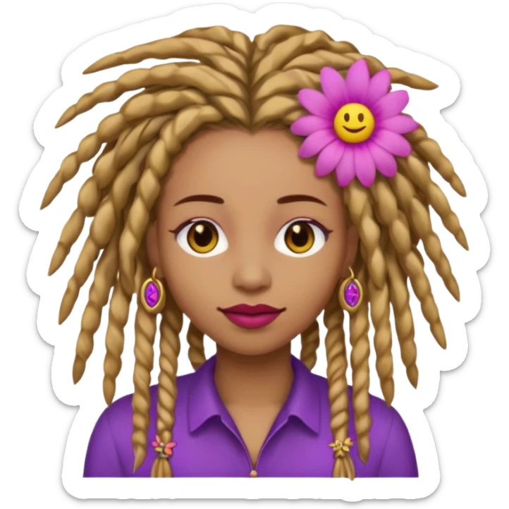 Gold dread locs pink emoji face purple flower in the hair red lipstick light brown face  just the face  sticker