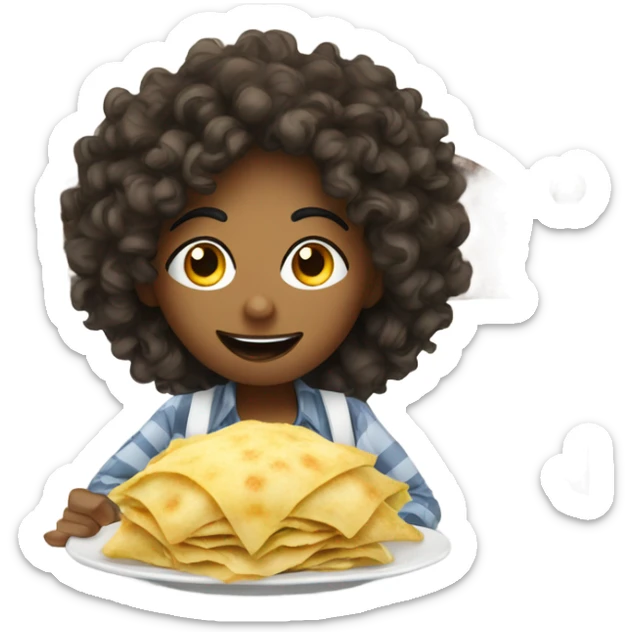 Person that’s mixed in a hotel on a bed witt curly hair and freckles eating ravioli on a white bed sticker
