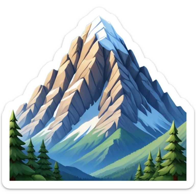 Cinematic Realistic Mountain Emoji, Majestic and towering, with craggy, snow-capped peaks rising sharply against a deep blue sky. The rugged terrain is dotted with rocky outcrops and patches of greenery, with clouds swirling around the higher reaches. Soft glowing outline, capturing the essence of ancient strength and natural beauty in a towering mountain! sticker