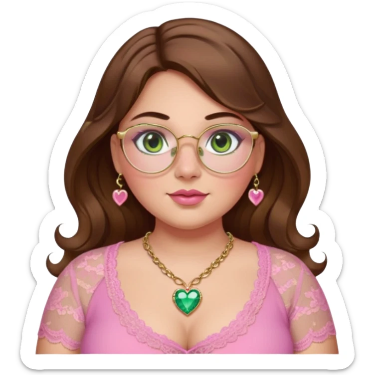 Baddie bratz girl with middle parted long wavy brown hair. green eyes. Plus size. pink lace top. gold nose ring. pink heart crystal necklace. Gold rimmed glasses sticker